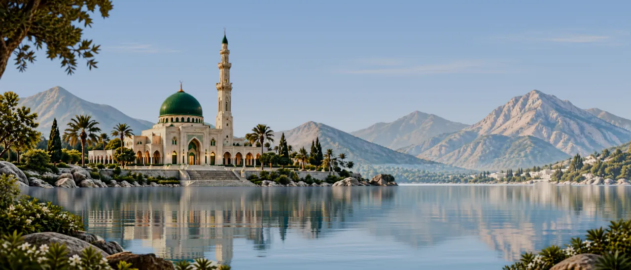 A mosque by a lake beneath mountains, shown at the current time of day.