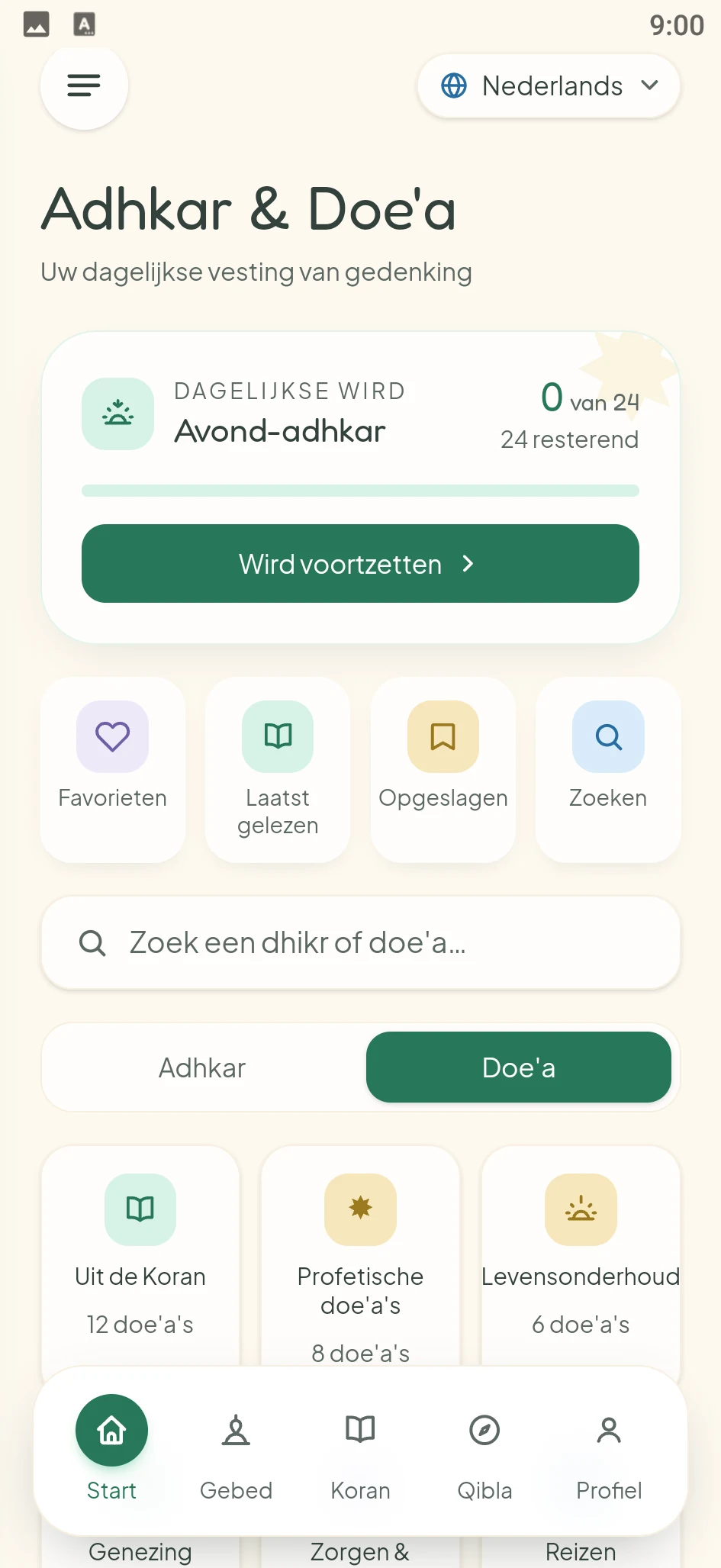 Schermafbeelding uit de ZULFAA-app: Adhkar en doe'a