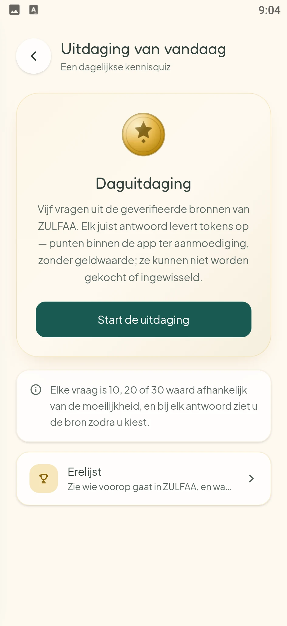 Schermafbeelding uit de ZULFAA-app: Dagelijkse uitdaging