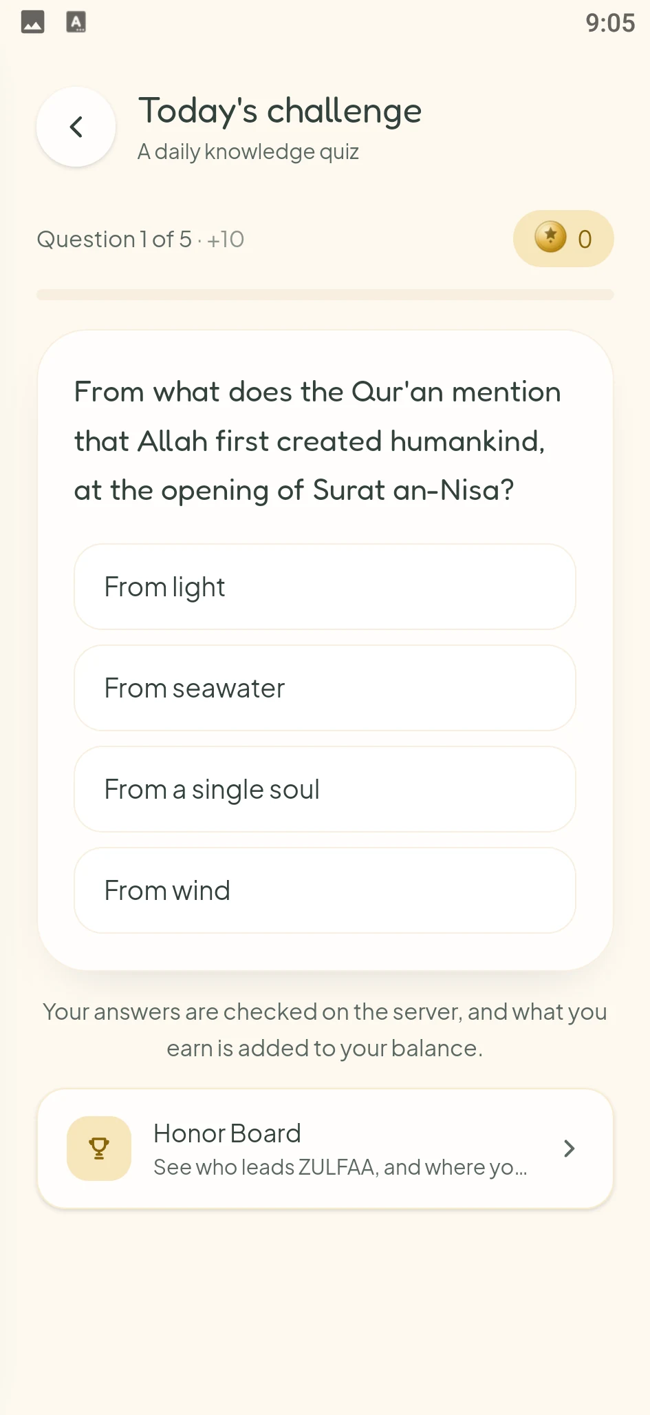 A daily challenge question with four answers to choose from.