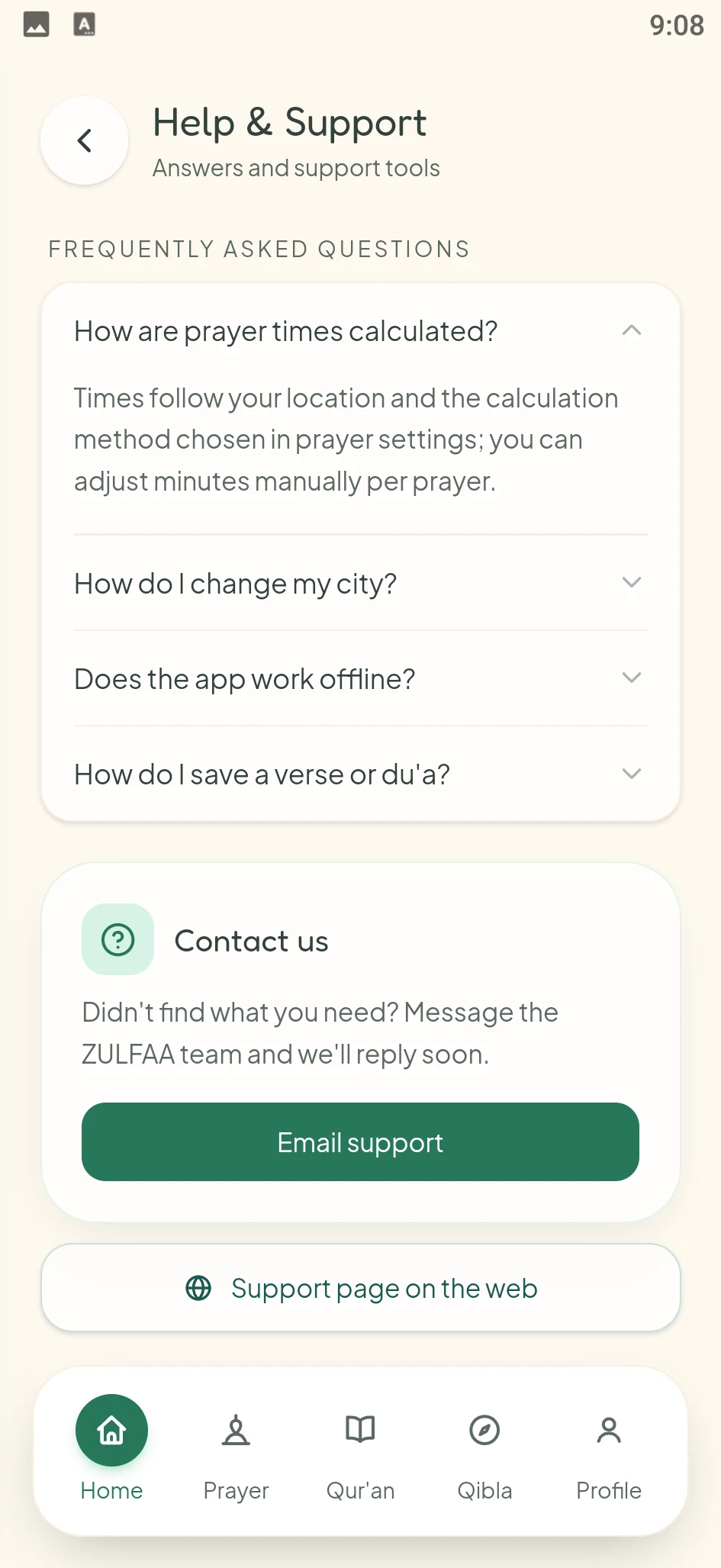 Help & Support: frequently asked questions, a way to email the ZULFAA team and the support page on the web.