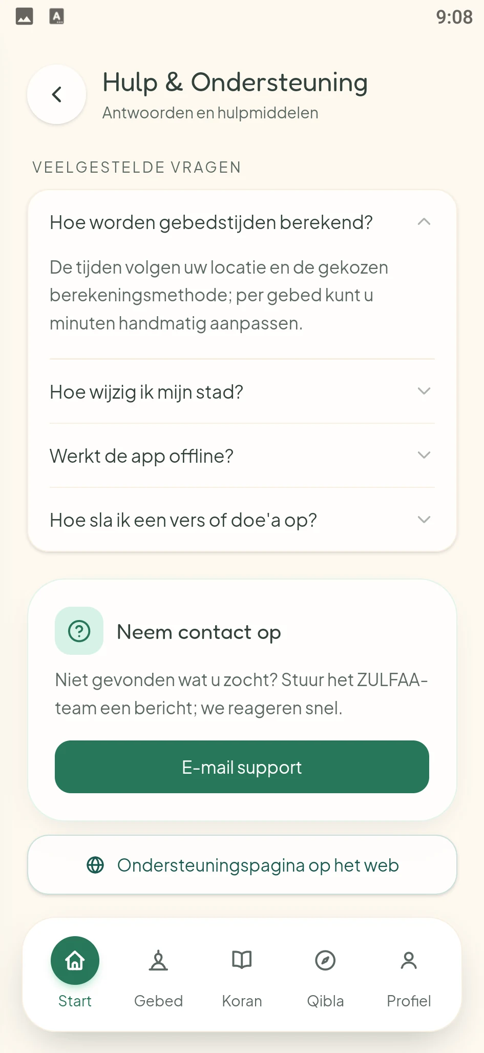 Schermafbeelding uit de ZULFAA-app: Hulp en support
