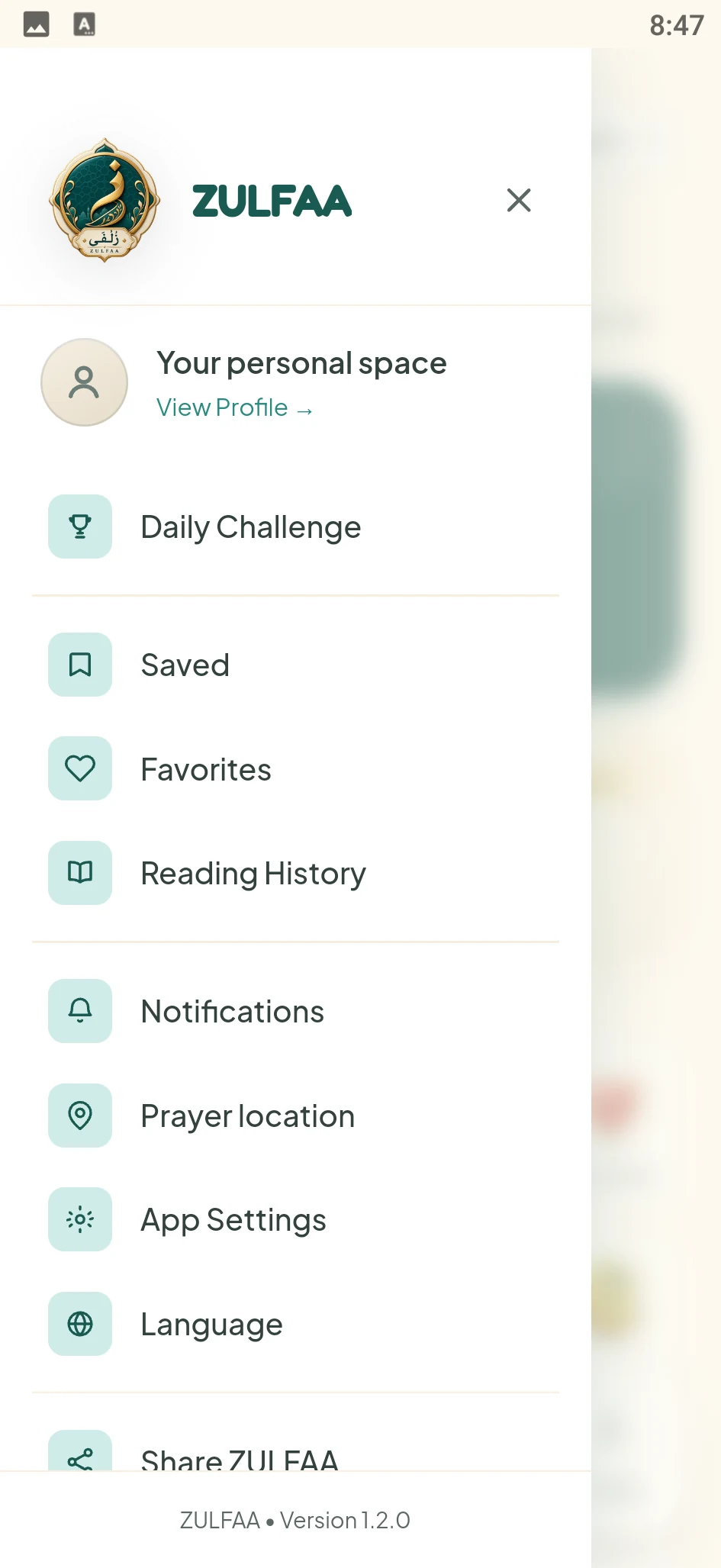 The side menu, with everything in one place: your personal space, the daily challenge, saved items, favourites, reading history, notifications, prayer location, settings and language.