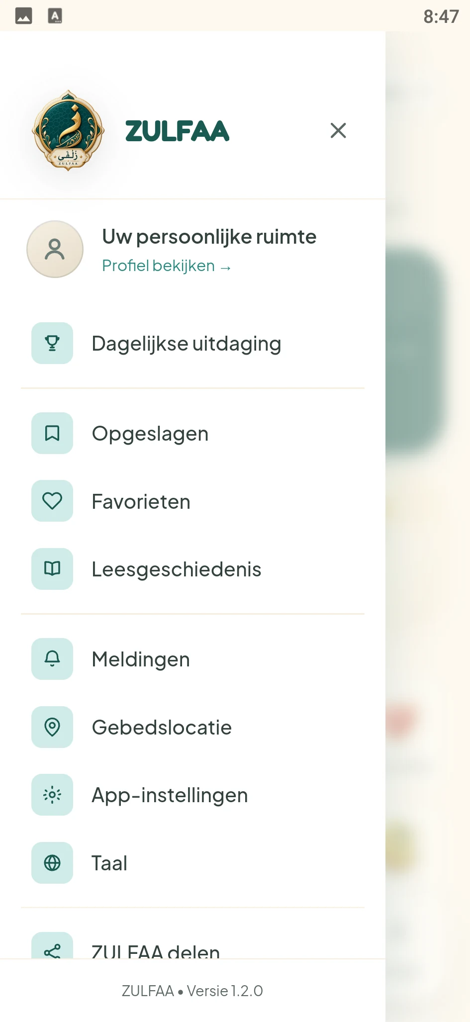 Schermafbeelding uit de ZULFAA-app: Menu