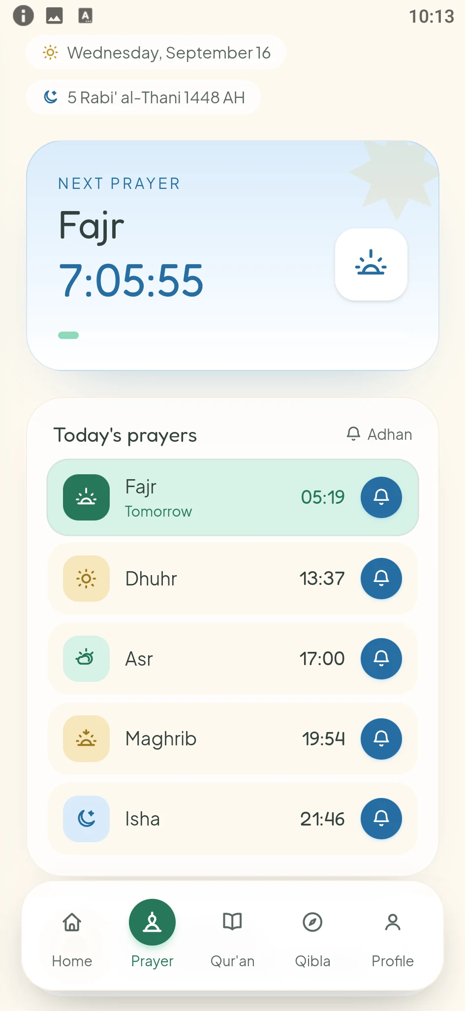 The prayer times screen: the next prayer with its countdown, today's Gregorian and Hijri dates, and the five daily prayers, each with its own alert.