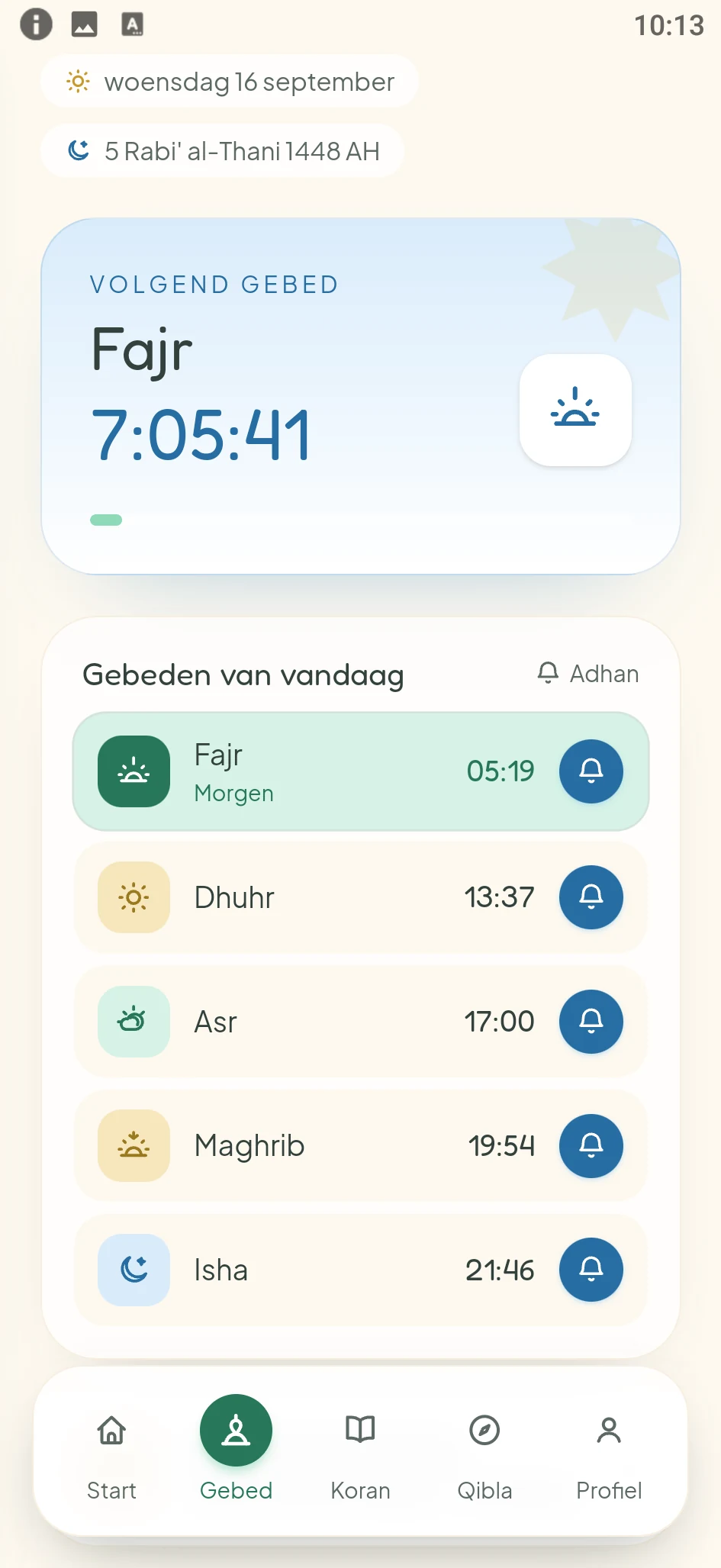 Schermafbeelding uit de ZULFAA-app: Gebedstijden