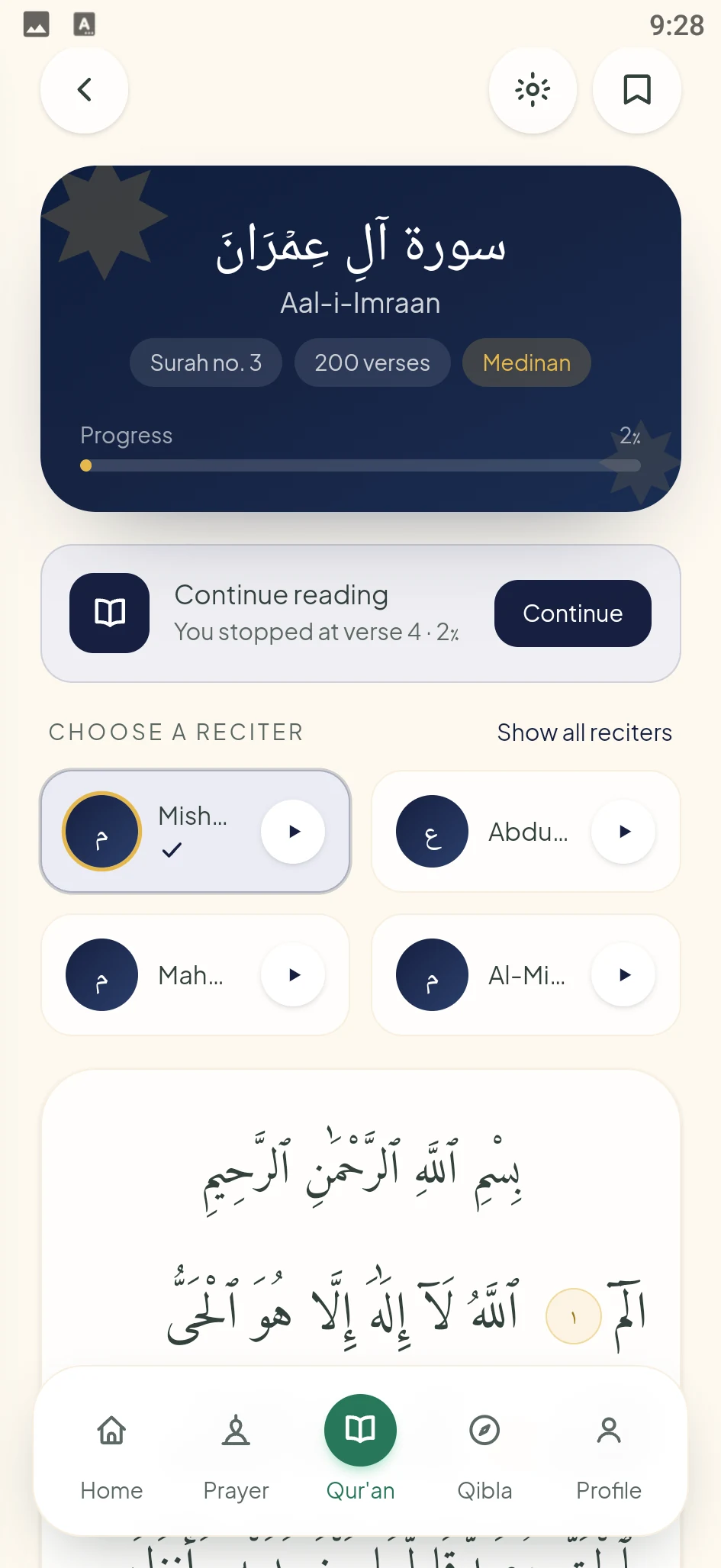 Surah Aal-i-Imran open for reading, with a card to continue where you stopped and a choice of reciters above the Arabic text.