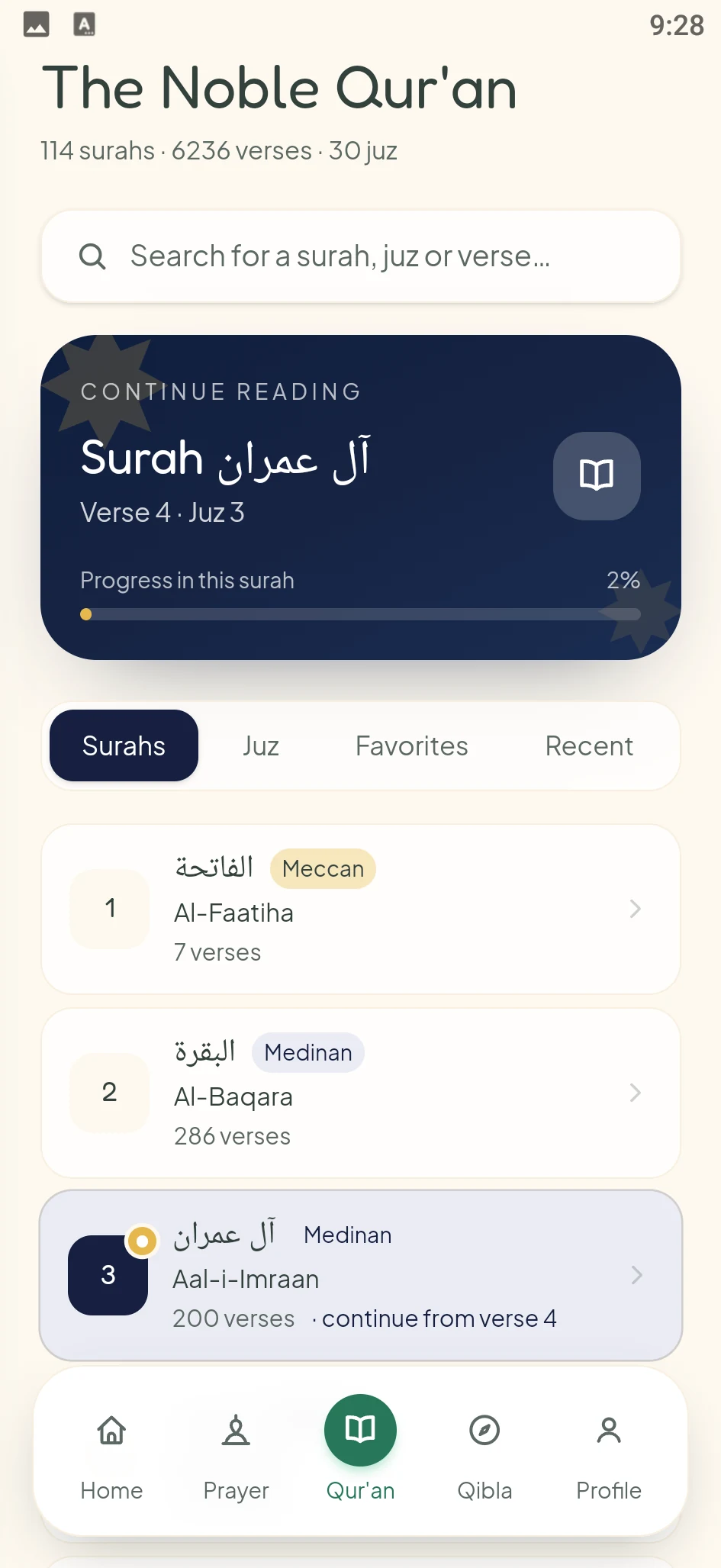 The Noble Qur'an: search, the surah you were reading with your progress, and the list of all 114 surahs.