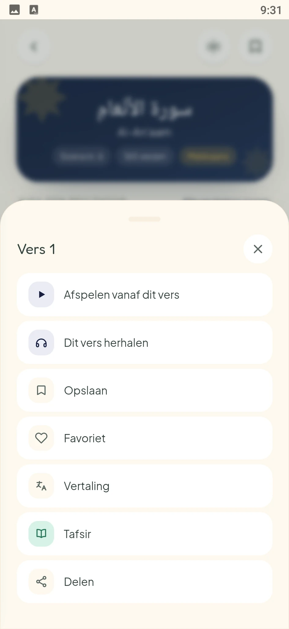 Schermafbeelding uit de ZULFAA-app: Versopties