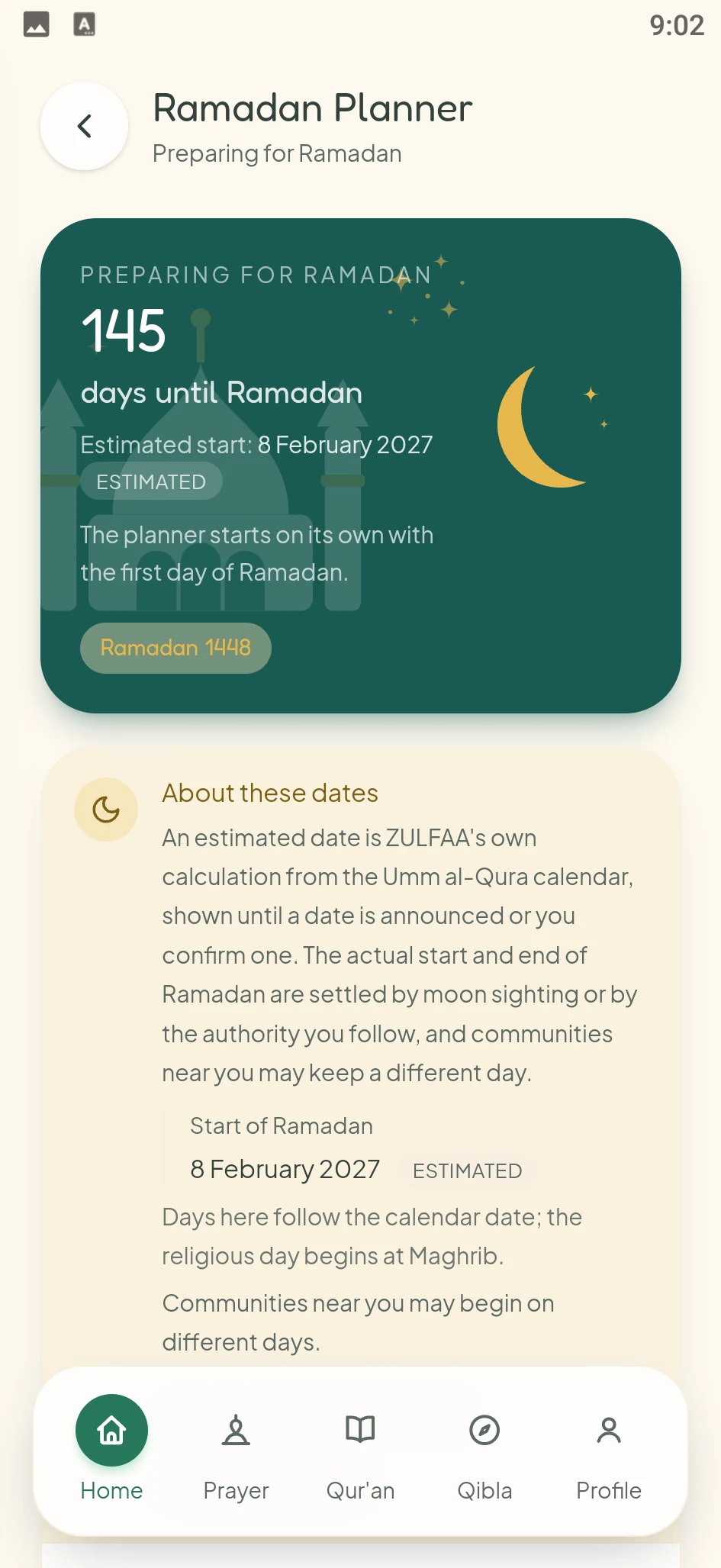 The Ramadan Planner: the days until Ramadan, the estimated start date and how those dates are determined.