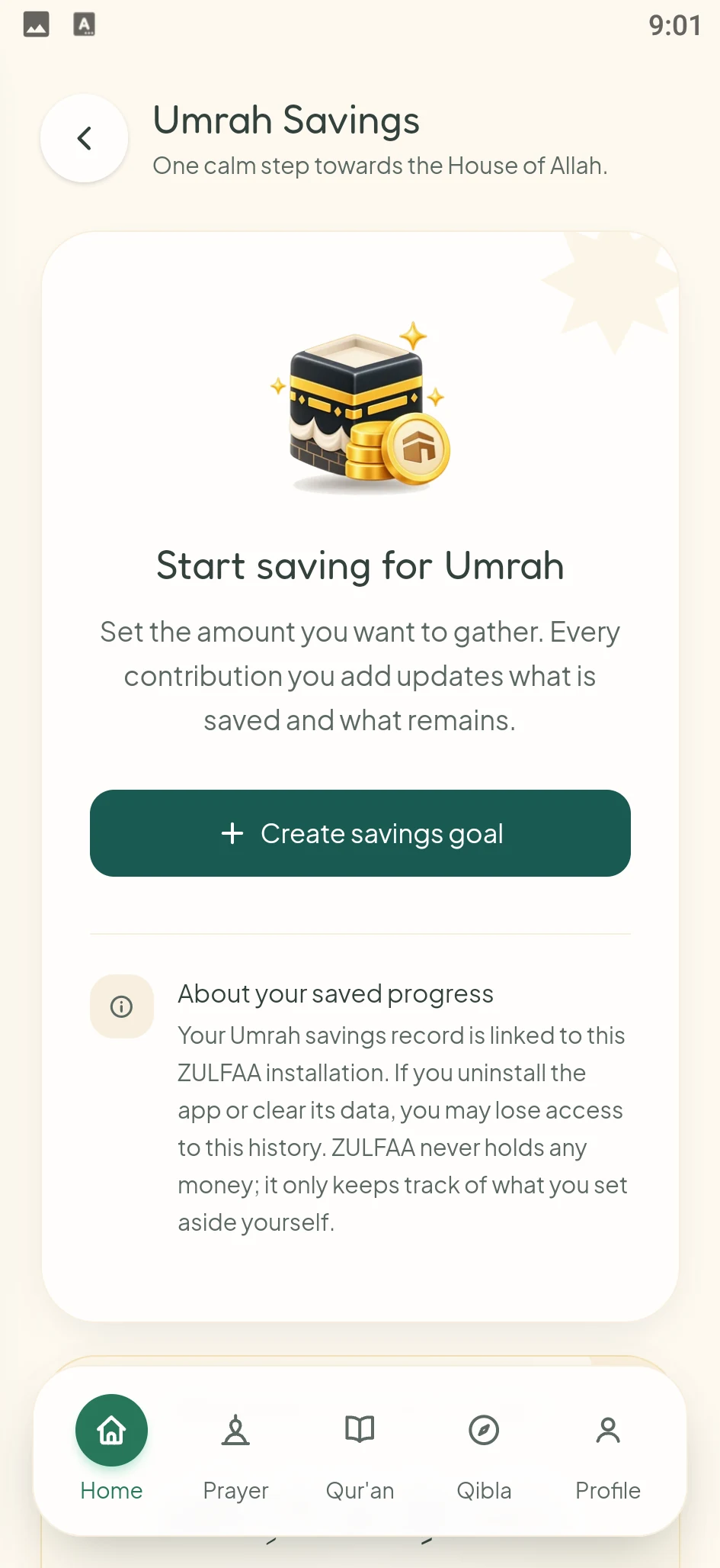 Umrah Savings before a goal is set: a button to create a savings goal and a note on how your progress is kept.