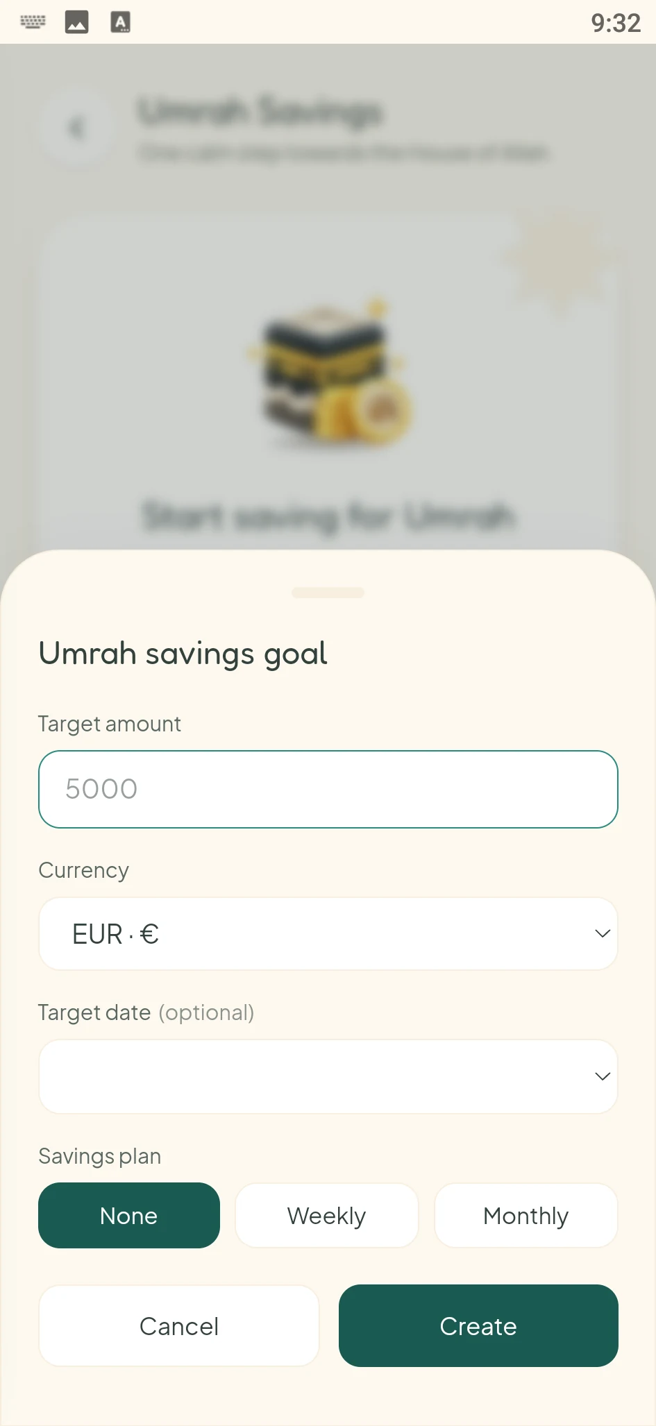 Creating an Umrah savings goal: the target amount, the currency, an optional target date and a savings plan.